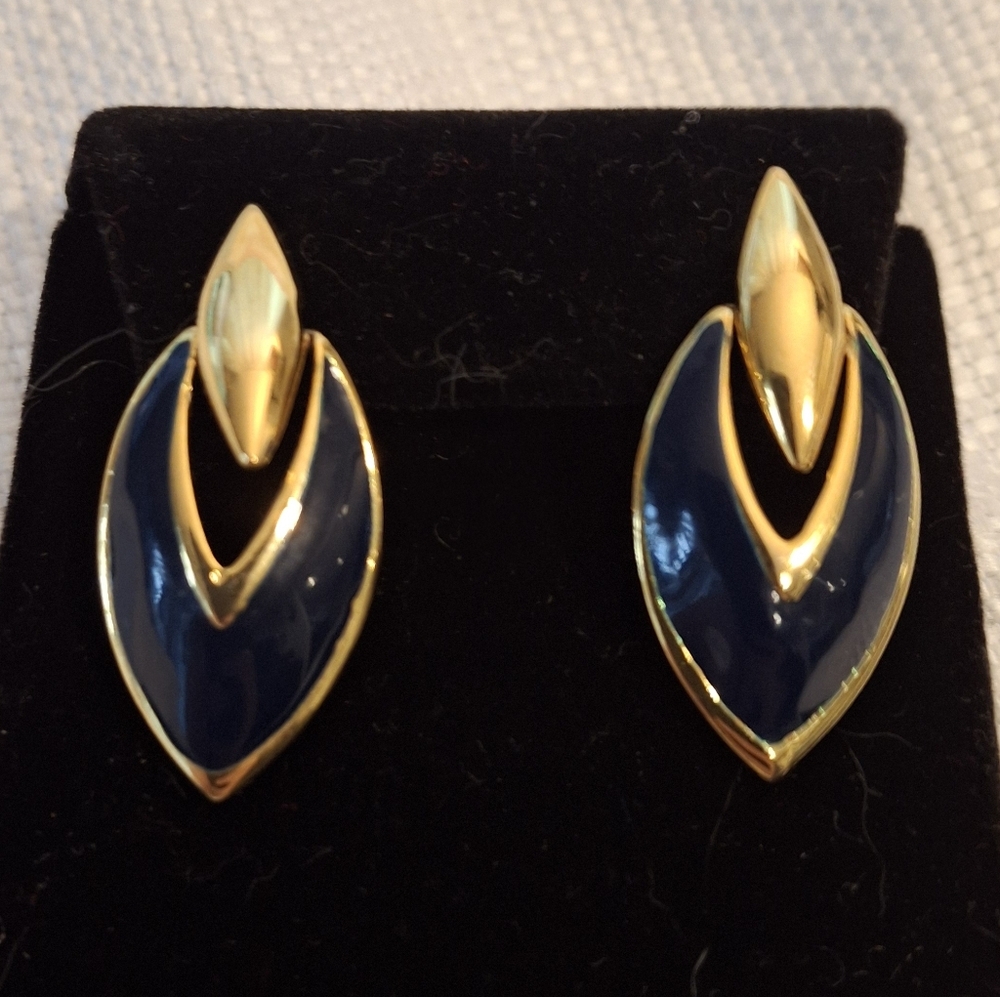 Gold and Blue Enamel Pierced Earrings